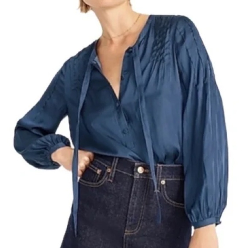 J.Crew Sz S Midnight Long Sleeve Pintuck Featherweight Satin Tie-Neck Top NWOT